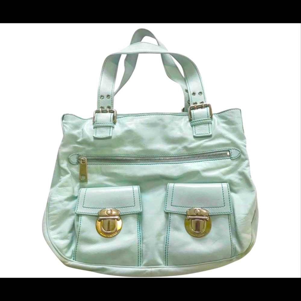 EUC Marc Jacobs Stella leather Satchel tote bag pale blue large silver hardware